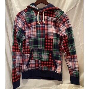 Lands End Serious Sweats Pullover Hoodie Colorful Plaid Patchwork Size XS 30-32